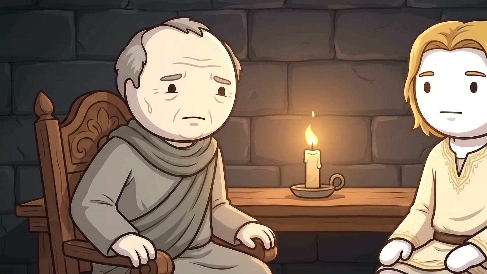 Two illustrated figures seated across a candlelit table