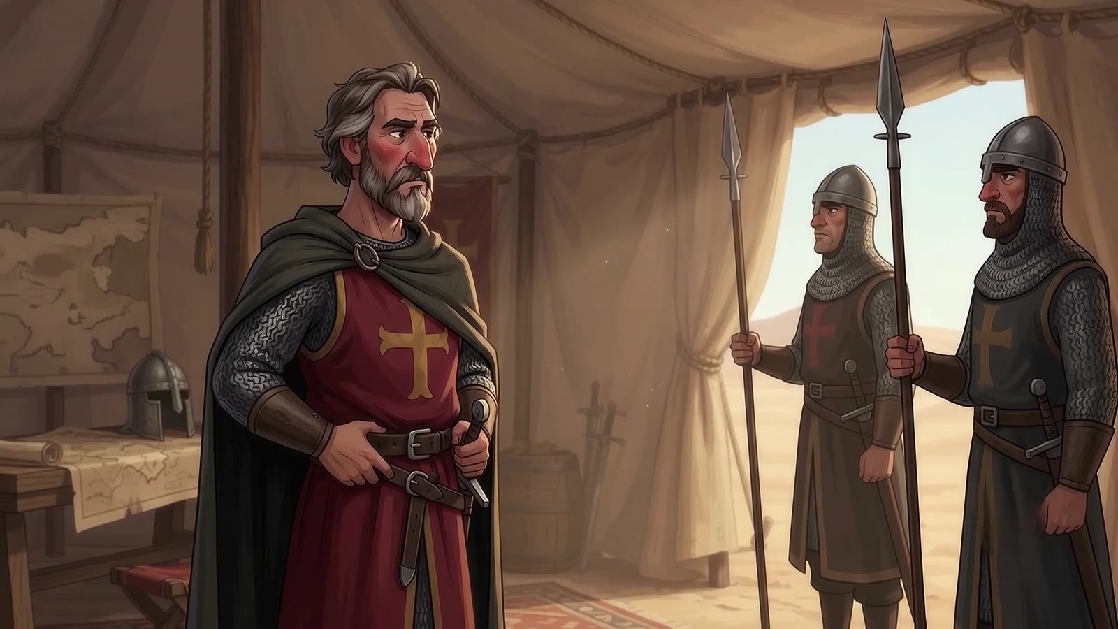 A medieval commander in a tent with armed guards