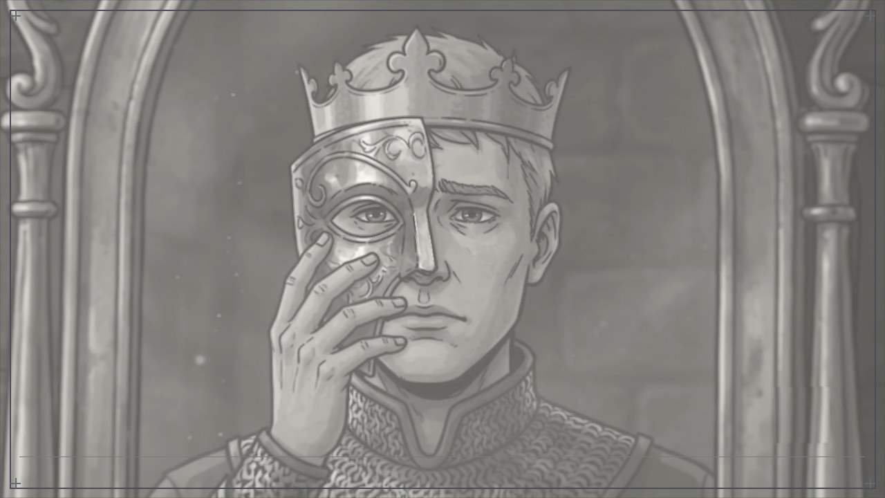 A pencil-like storyboard study of a medieval king