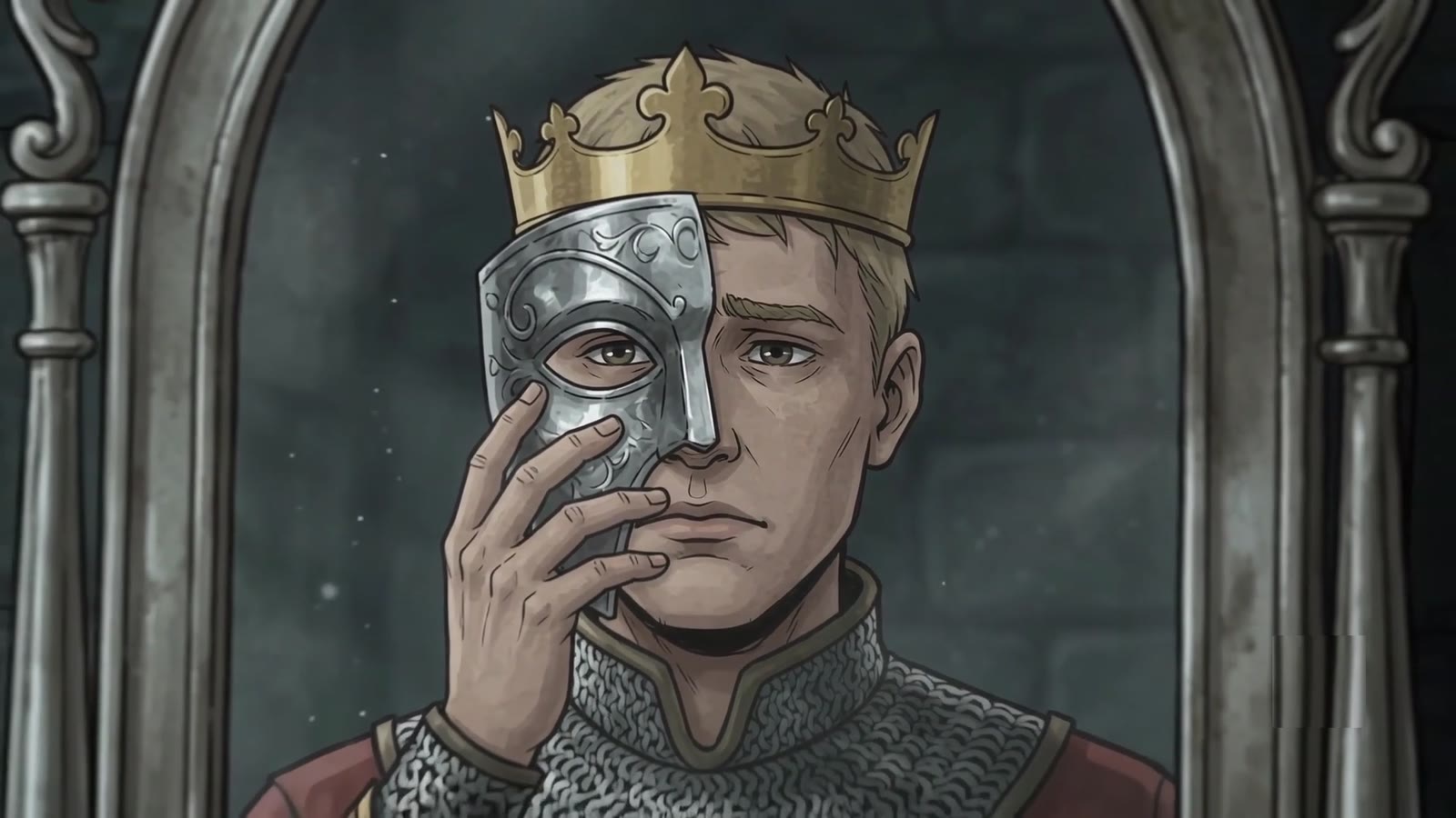 Illustrated king holding a metal mask
